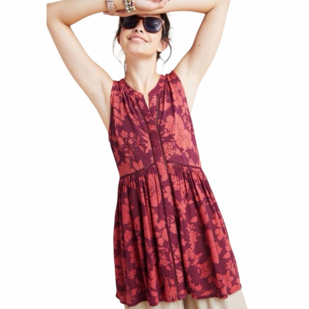 ANTHROPOLOGIE Women’s Wine Red Sleeveless Nia Floral Tunic Top Size Small